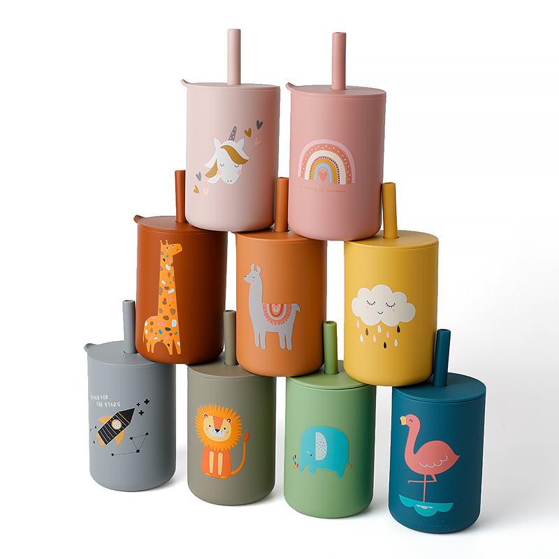 150ML Baby Silicone Cup with Exquisite Pattern Lid Portable Drink Straw Cup Children Leak-proof Feeding Grandma Bottle Cup