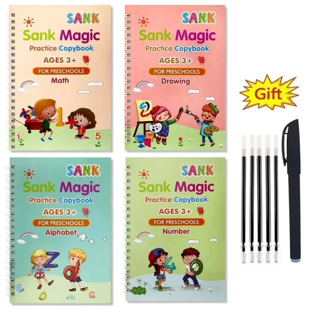 4 Books Montessori SANK English Magic Copybook Reusable Writing Copy Book Practice 3D Calligraphy Book Wipe-free Education Books