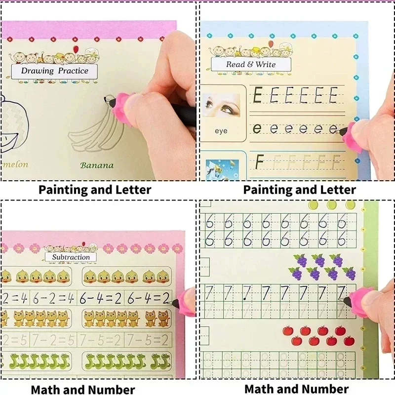 4 Books Montessori SANK English Magic Copybook Reusable Writing Copy Book Practice 3D Calligraphy Book Wipe-free Education Books